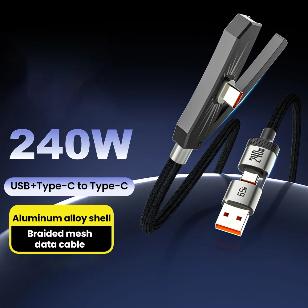 240W 2-in-1 Stand Charging Cable Phone Holder Fast Charge Type C to Type c+USB A for iPhone 15 17 Huawei Samsung USB C To IOS