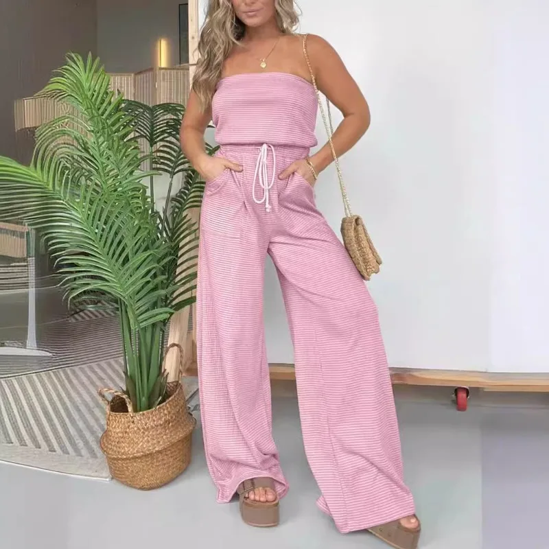 Personalized Street Women's Striped Bandeau Casual Wide Leg Jumpsuit Temperament 2024 Summer Female Fashion High Waist Jumpsuits