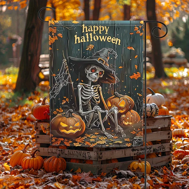 Spooky Skull & Pumpkin Halloween Garden Flag