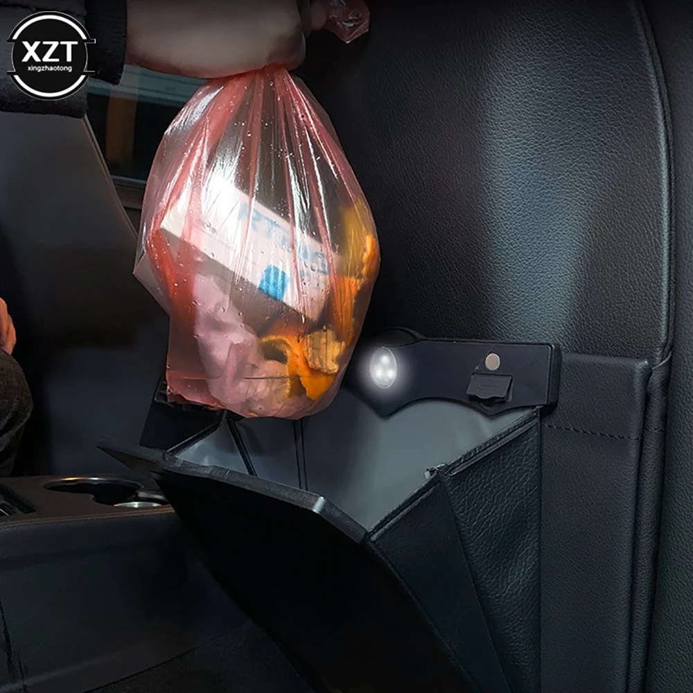 1Pcs LED Car Garbage Bag Waterproof Magnetic Adsorption Trash Can Back Seat Hanging Leather Storage Pocket Leak-proof