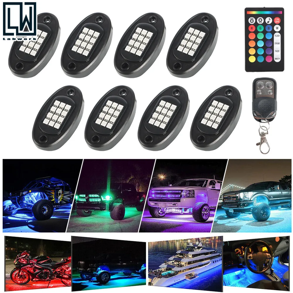 

8pcs RGB LED Rock Lights Pod Offroad Truck Jeep Lamp Under Glow Remote Control