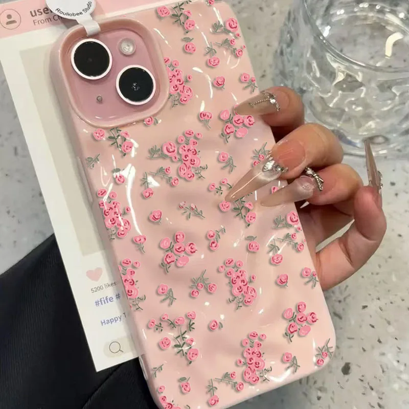 Elegant Pink Floral Pattern Shockproof TPU Phone Case with Textured Soft Cover