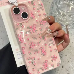 Elegant Pink Floral Pattern Shockproof TPU Phone Case with Textured Soft Cover - iPhone 15 Plus (2)