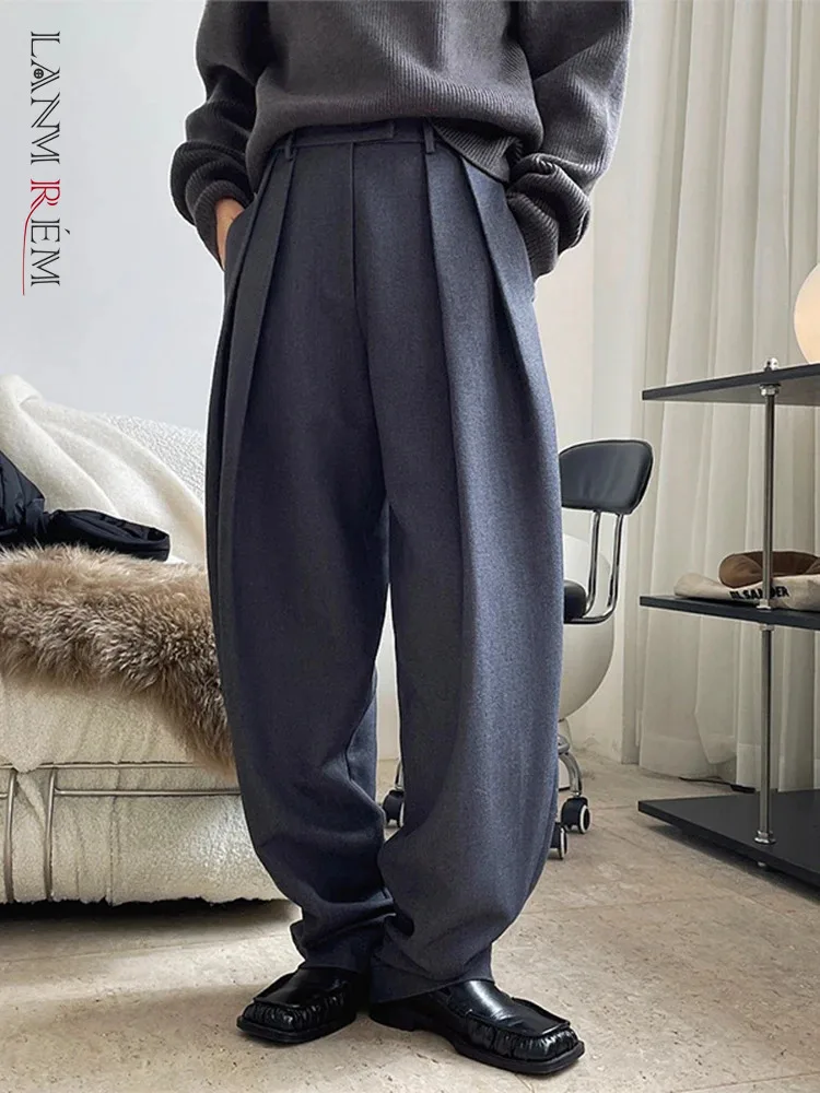 

[LANMREM] Office Lady Pleated Pants Women's High Waist Straight Wide Leg Trousers Casual Female Clothes 2024 Spring New 26D7352