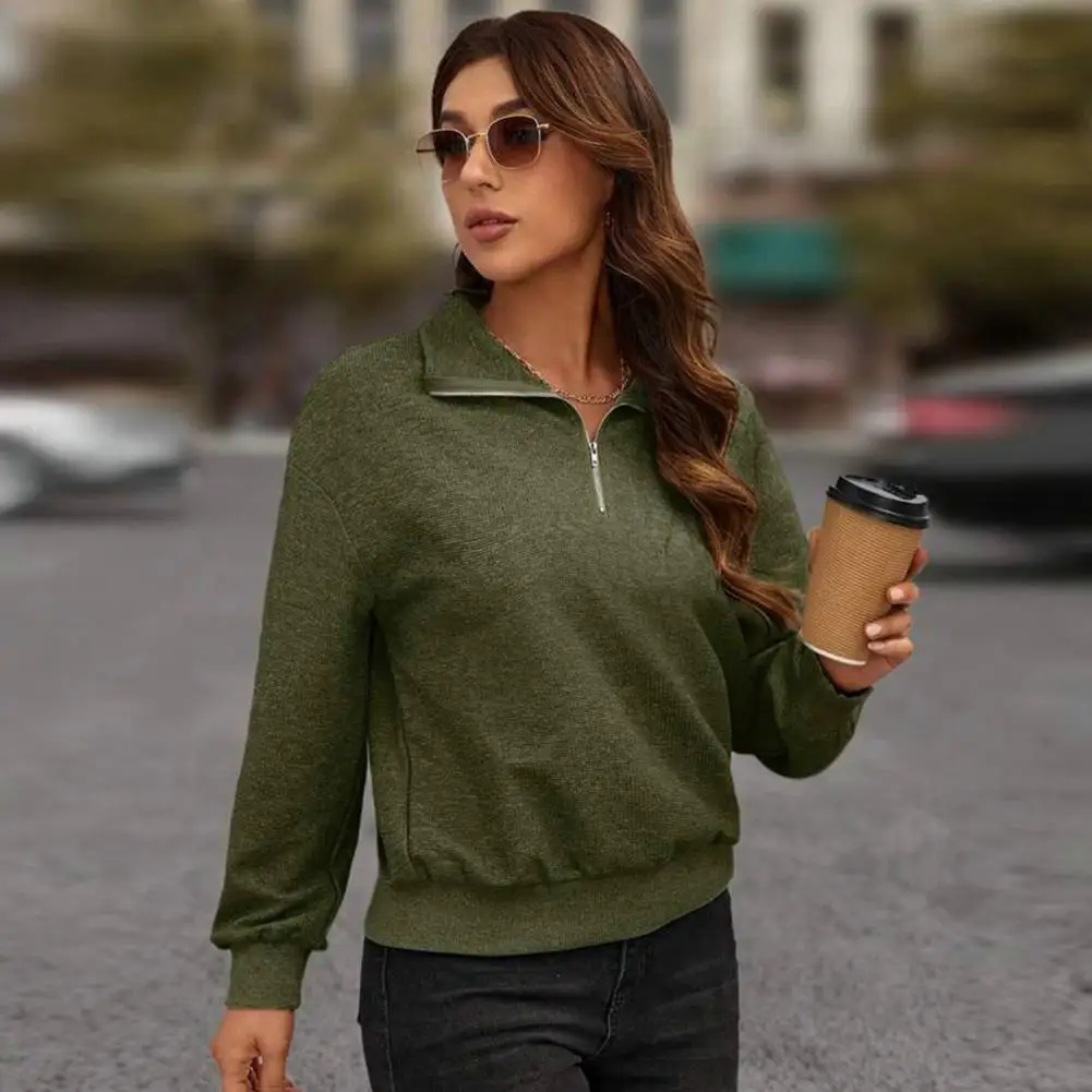

Solid Color Sweatshirt Stylish Women's Autumn Winter Blouse Lapel Zipper Pullover Sweatshirt Loose Fit Long Sleeve Casual