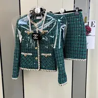 Costume élégant Vintage en Tweed parfumé pour femmes, manteau, haut et jupe, ensemble deux pièces, tenue verte, vêtements de fête en Jacquard d'hiver 1