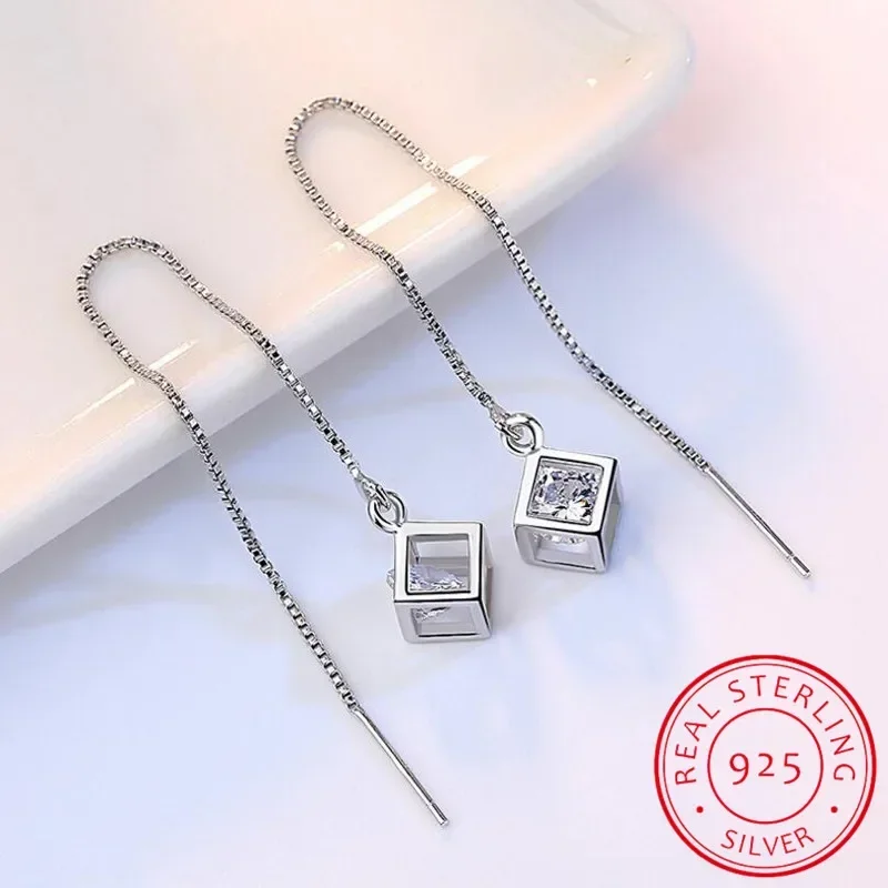 Pendientes de plata de ley 925 para mujer, cadena de gota de circonita de cubo bonito, borla larga, joyería de diseño Original, regalo de aniversario