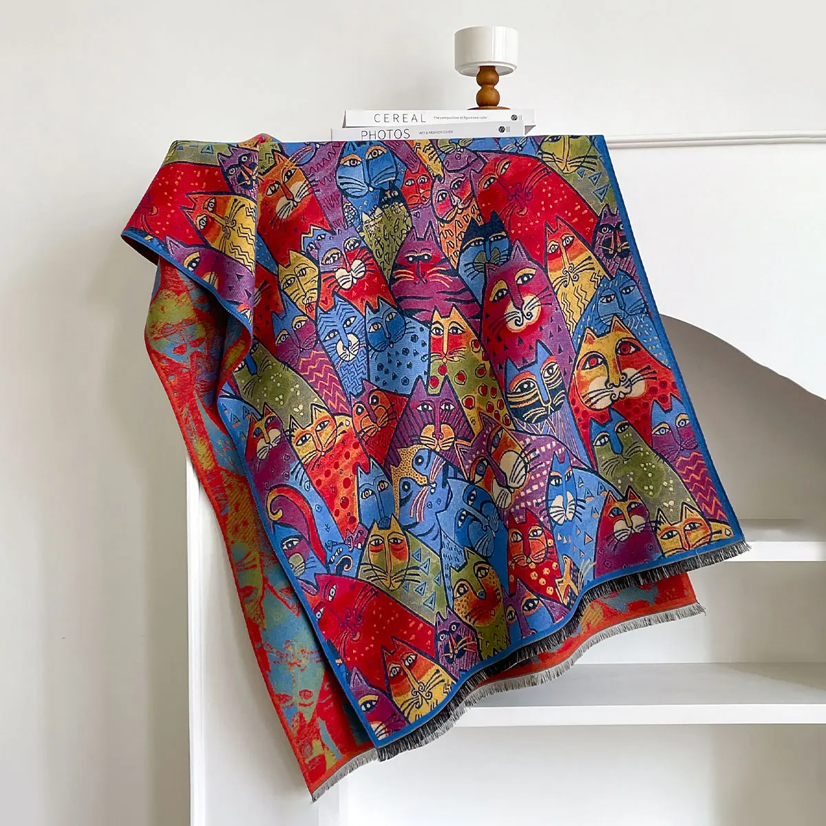 Luxury Winter Cashmere Colorful Kitten Design Scarf Women Warm Pashmina Blanket Poncho Scarves Female Oil painting Shawl Bufanda