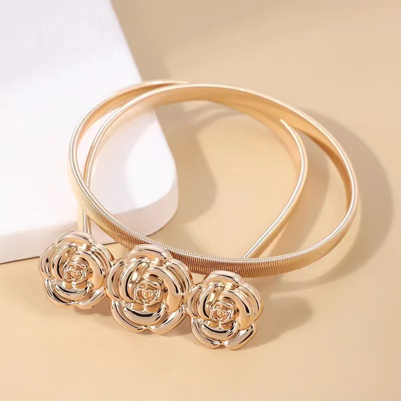 Elegant Rose Buckle Waist Chain - Women's Slim Elastic Metal Belt in Gold & Silver