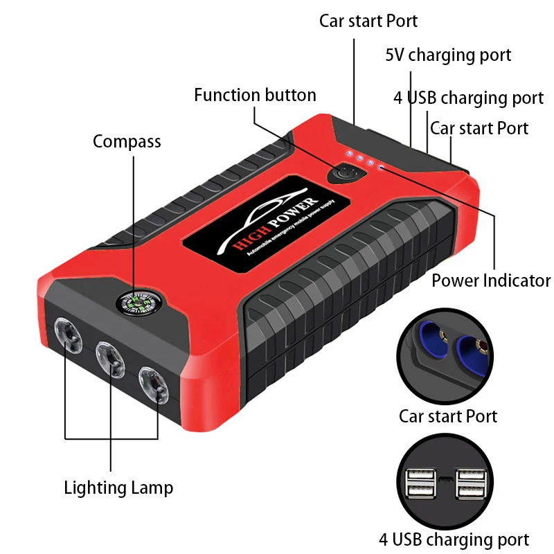 Démarreur de Saut de Voiture 16800mAh Batterie Externe 1000A 12V Chargeur  de Batterie Portable Dispositif de démarrage d'urgence Automatique avec  Pompe à Air (Color : Red(AIR Pump)) : : Auto et Moto