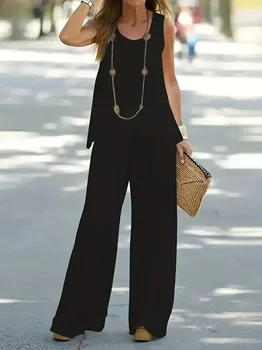 Plus Size 1XL-5XL Women's Two Piece Set Solid Top  Wide Leg Pants Outfits 2 Piece Set Round Neck Casual Outfits Tank