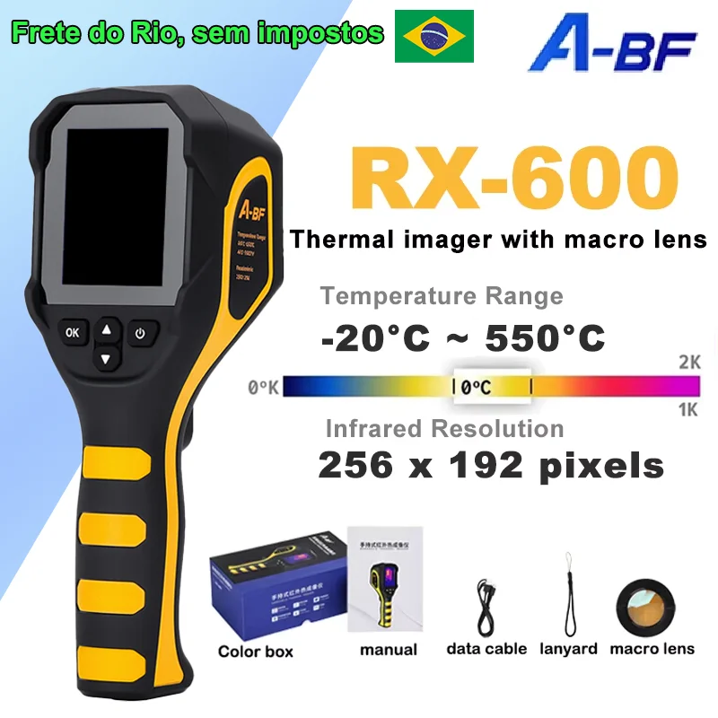 Câmara Térmica Portátil A-BF RX-600 com Resolução 256*192 e Lente Macro, Termômetro Industrial para Medição de Vazamentos