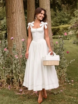 Abito lungo da donna dolce e sottile, con fiocco, senza maniche, senza schienale, in vita, con monopetto, abiti da sera, moda Lady Vestido 1