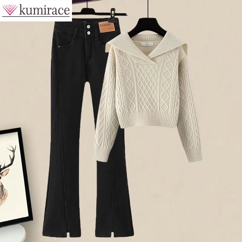 2023 New Doll Collar Large Sweater Women's Autumn Sweater Versatile Jeans Two Piece Winter Women's Pants Setwinter Clothes Women