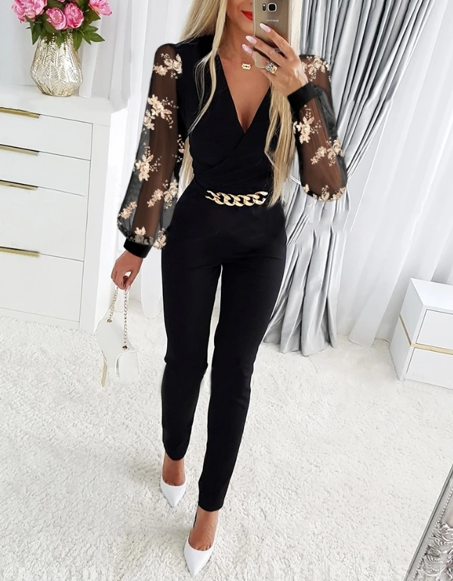 

Jumpsuit Women 23 Winter New Elegant V-Neck Waistband Floral Sequin Sheer Mesh Patch Chain Decor Jumpsuit Temperament Commuting