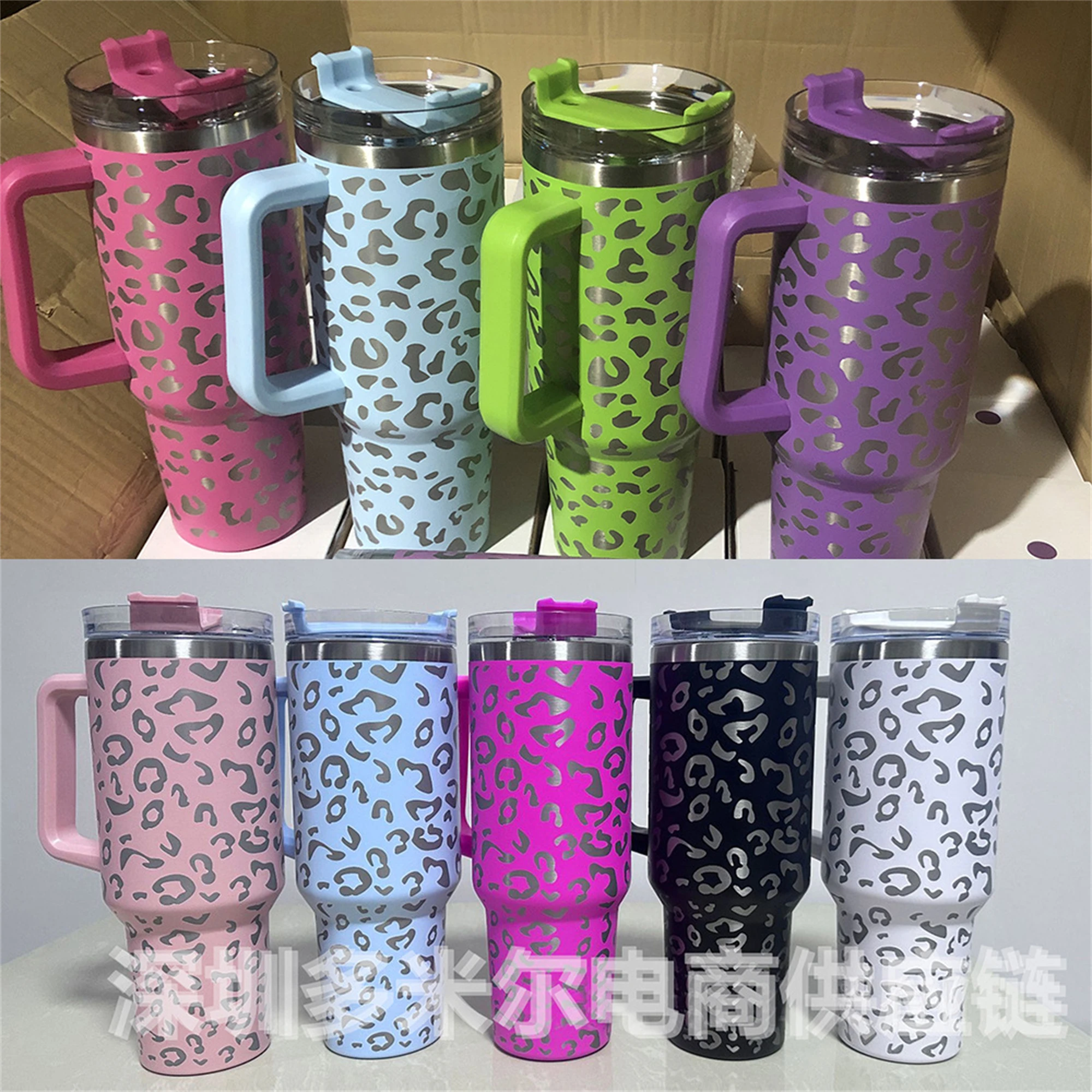 Mix products 40oz stainless steel tumbler with lid straw cheetah handdle  tumbler Laser Engraved mug cup beer