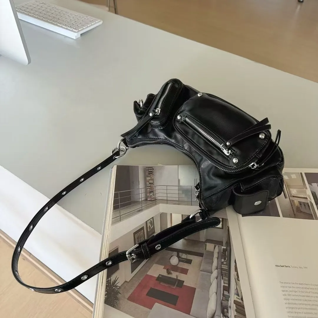 Fashion Multi-Zipper Underarm Bag Luxury Designer Pu Leather Shouder Crossbody Bags Trend Punk Motorcycle Bag 2025