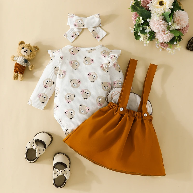 Newborn Baby Girl Clothes 0-18 Months Printed Long Sleeve Bodysuit Tops Embroidered Bear Sling Dress 3Pcs Set Baby Set
