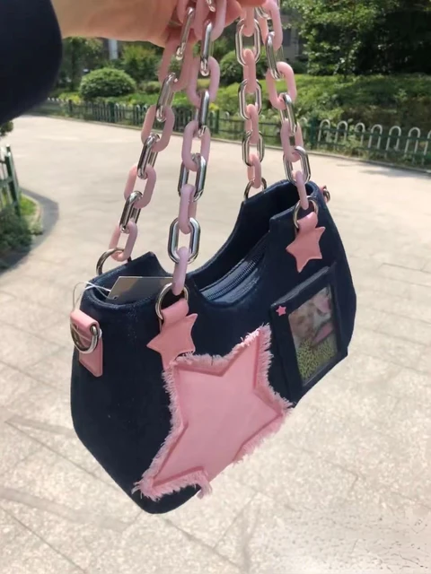 New Fashion Cool Dark Harajuku Style Denim Bag Pink y2k Star Chain Women's  Bag Underarm Bag Tote Bag Purses Handbags baguett - AliExpress