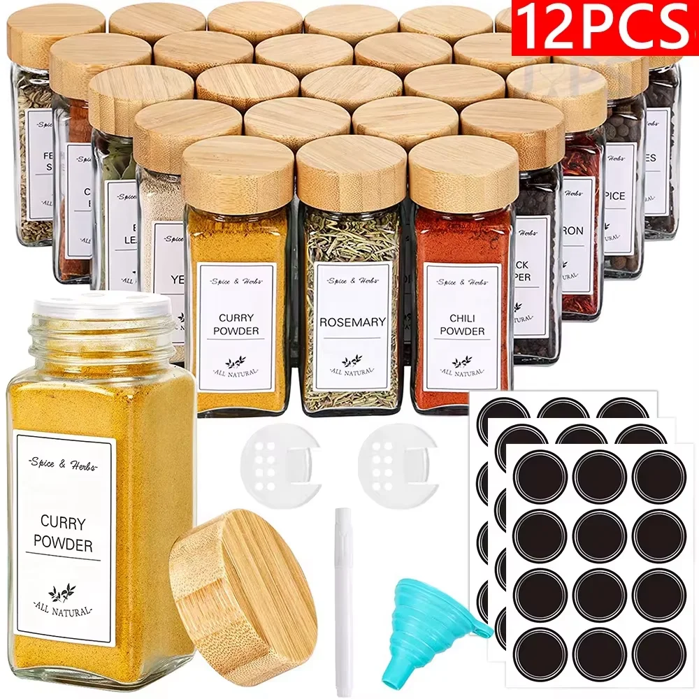 Glass Spice Jars with Bamboo Lid Spice Seasoning Containers Salt Pepper Shakers Organizer Kitchen Jar Set 5/12Pcs spice jar,seasoning jar,spice dispenser,seasoning bottle