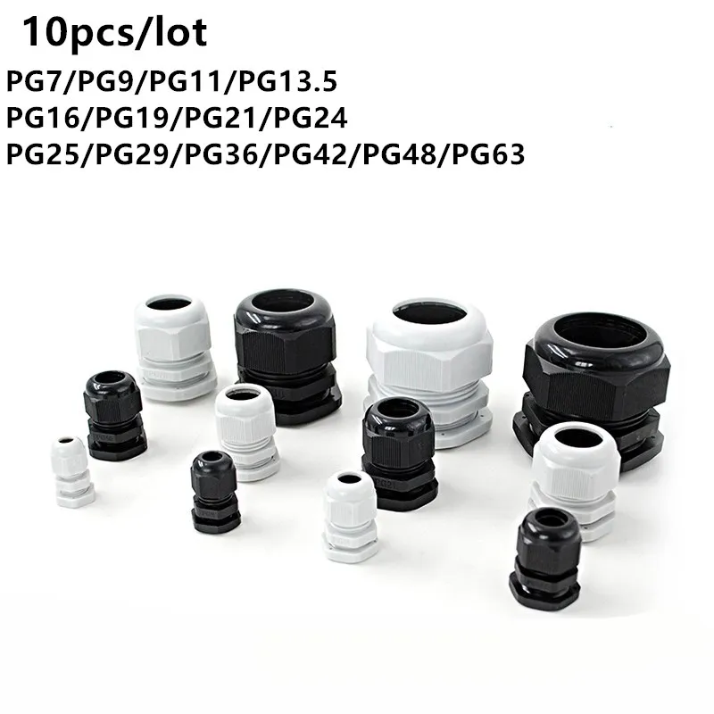 Waterproof Cable Gland Cable entry IP68 PG7 3-6.5mm PG9 PG11 PG13.5 PG16 PG19/21 White Black Nylon Plastic Connector 10pcs