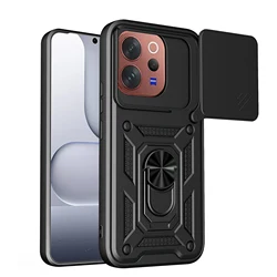Enhanced Shockproof Armor Case with Slide Camera Protection and Ring Stand for VIVO V70 Elite (Black)