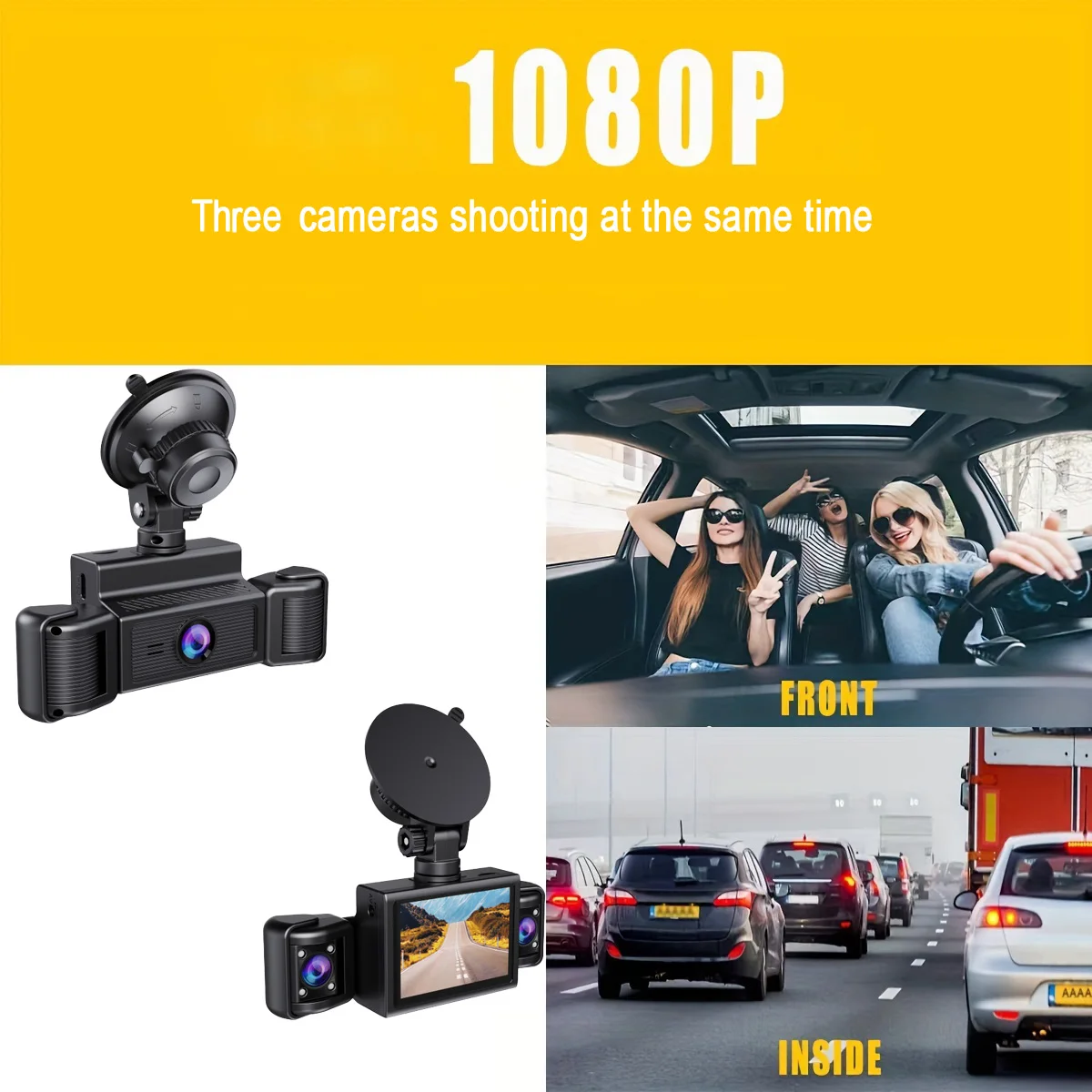 1080P 4CH Three Way Car DVR With Rotating Len Front Rear Interior Dash Cam Video Recorder Night Vision