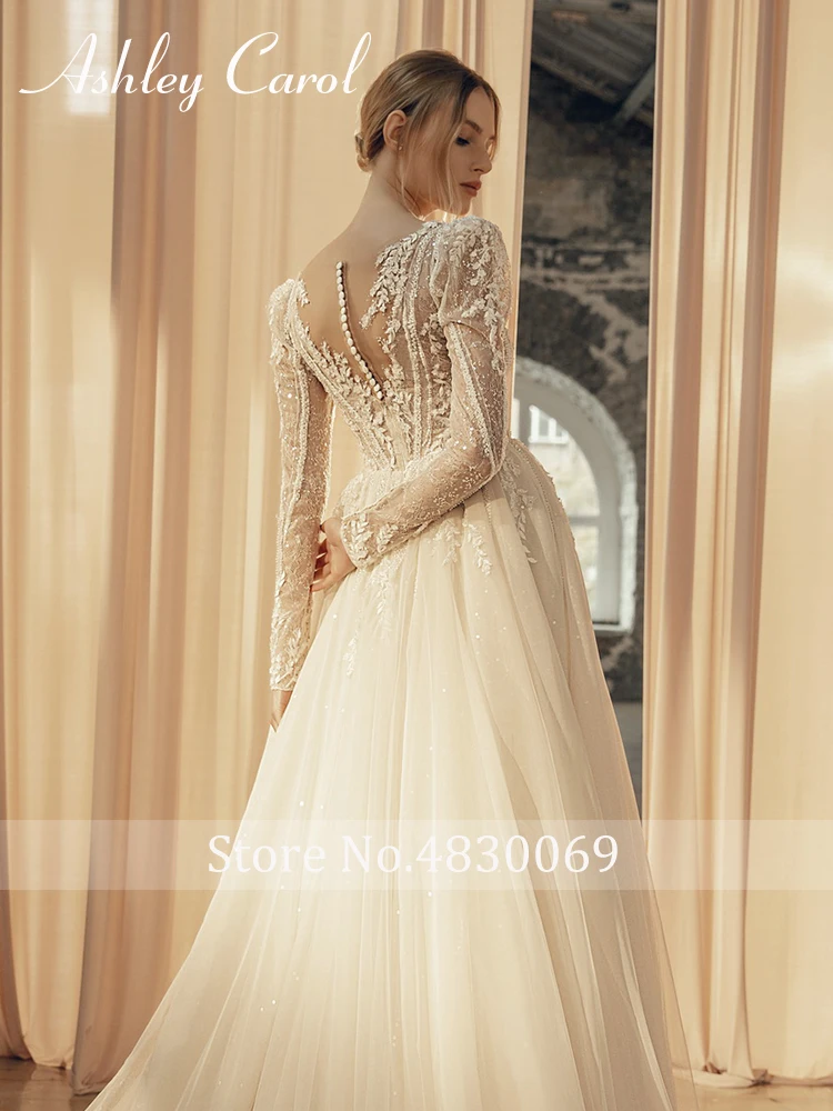 Ashley Carol Wedding Dresses For Bride Deep V-neck A-Line Lace Princess Appliques Brush Train Bridal Gowns Vestidos De Novia 4