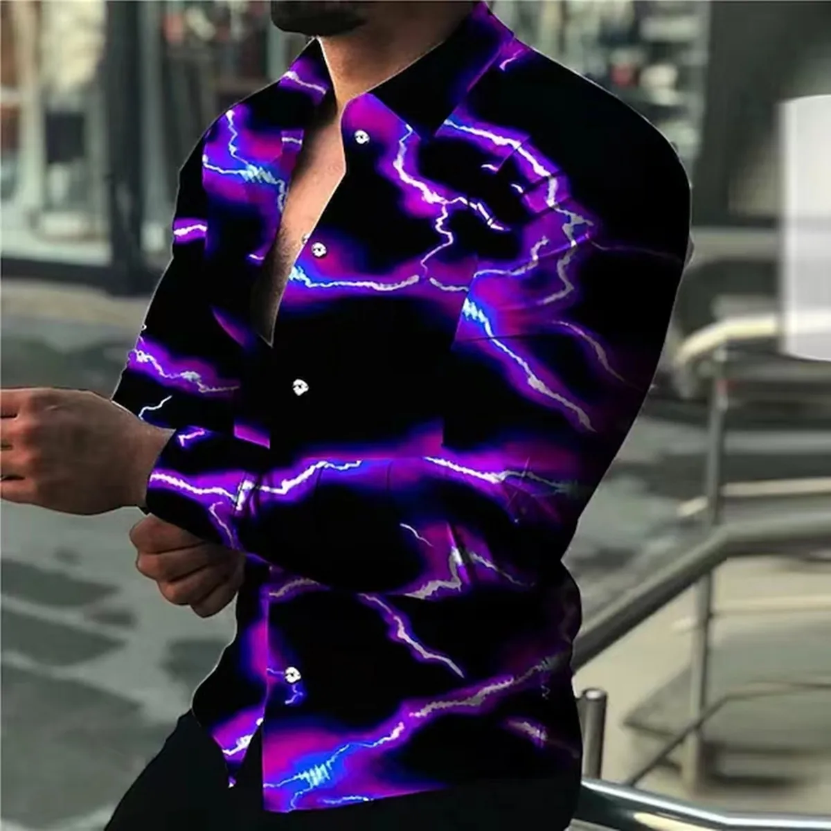 

High Quality Fashion Men Oversized Casual Shirt Geometric Lightning print Long Sleeve Men's Clothing Prom Party Cardigan Blouses