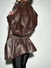 Fashion Solid Faux Leather Jacket Women Turn-down Collar Zipper Front Puffy Sleeves Stylish Coat 2025 Female Winter Outerwear
