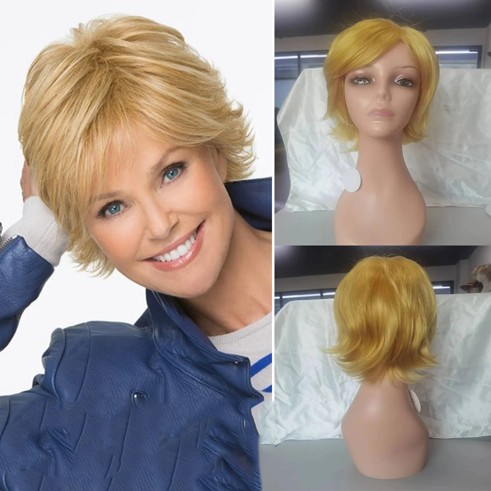 

Synthetic Blonde Wig Short Fluffy Curly Wigs for White Women Daily Party Fake Hair Wigs with Bangs Natural Looking