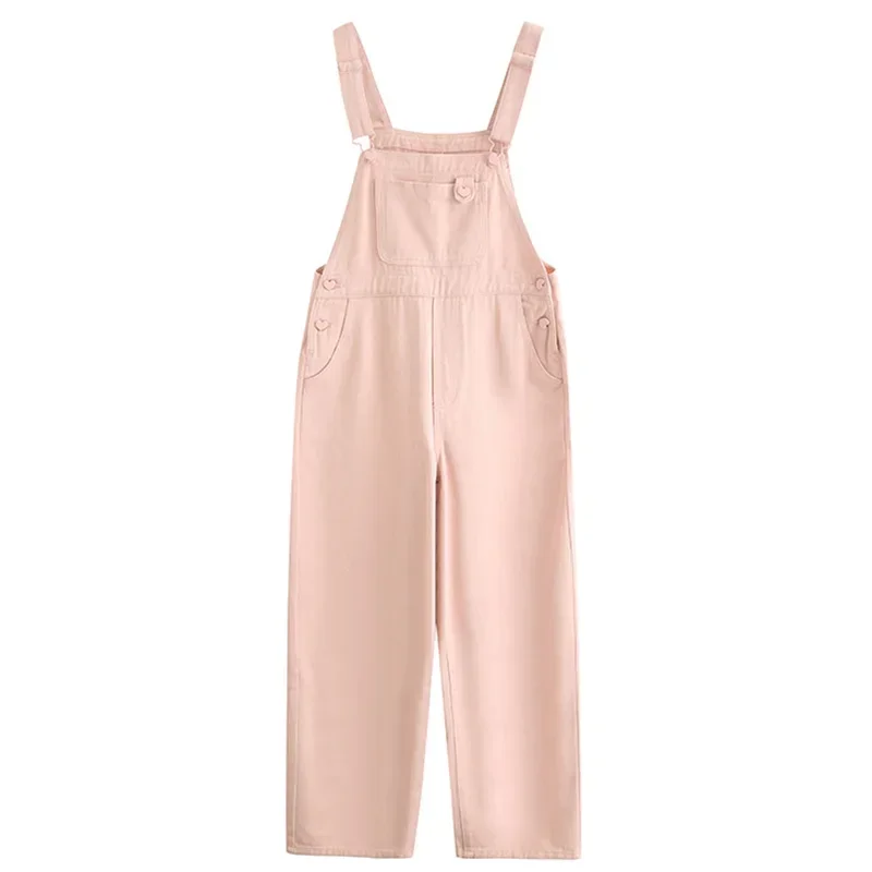 Spring Autumn Women Mori Girl Denim Jumpsuits Orange-Pink Loose Pocket Overalls Cute Kawaii Sweet Jeans With Heart Buttons 5