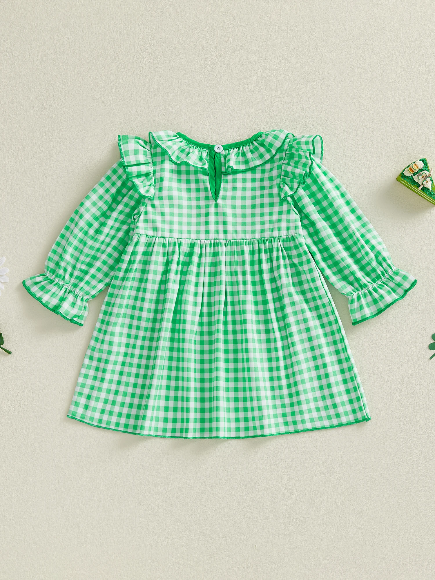 Girls Long Sleeve Plaid Dress with Crew Neck and Embroidered Bow Detail Casual Fall Dress for Kids