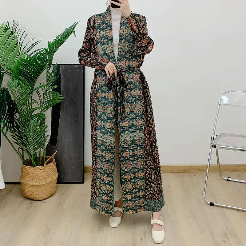 Miyake Pleated Turndown Collar Vintage Printed Long Sleeve Dress Women 2024 New Original Designer Abaya Fashion Classical Coats