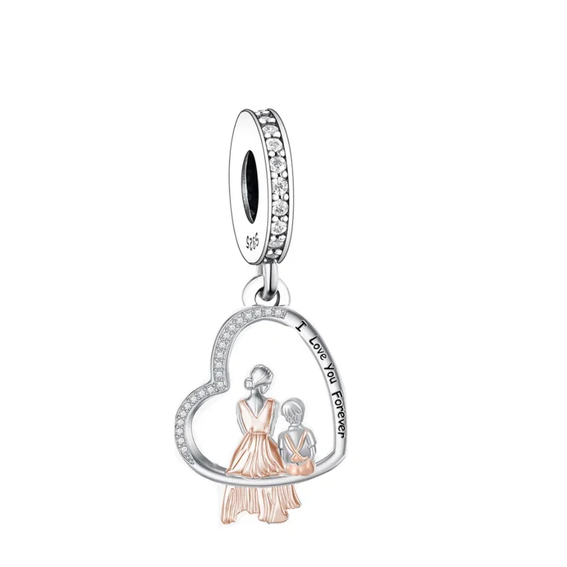 Fit Original Pan Charm Bracelet 100% 925 Silver Mother Son Hold Hands Walk Together Bead For Making Mother's Day Berloque DIY 4