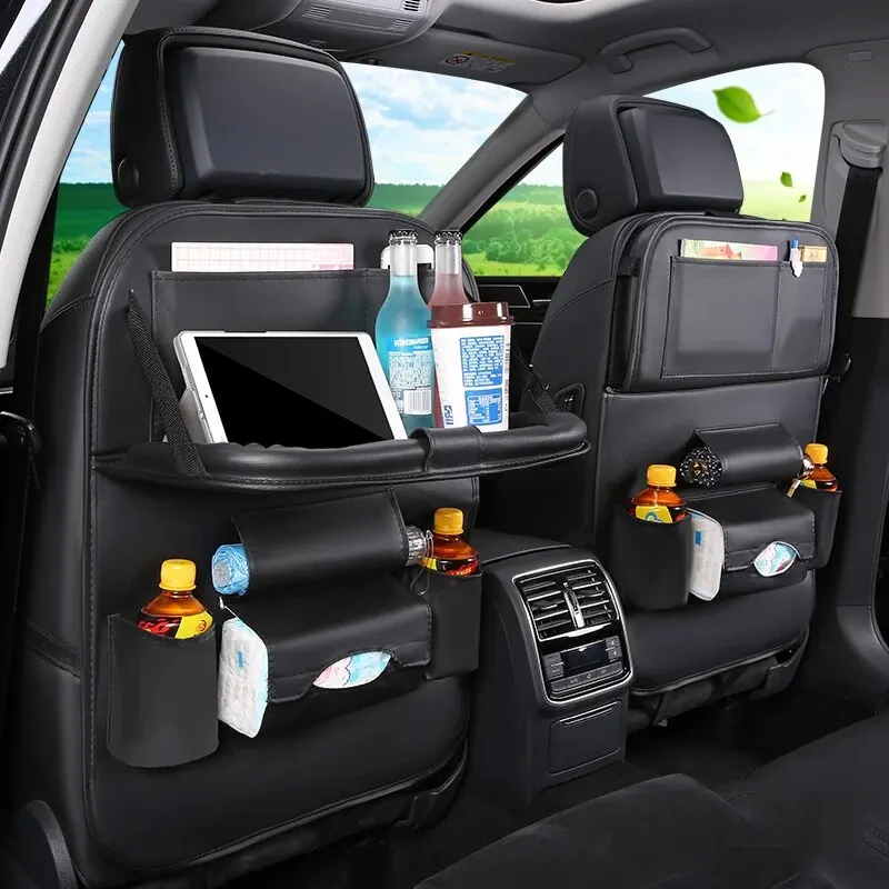car seat back organizer Car Seat Back Organizer Foldable Table Tray PU Leather Storage Organizer Pockets Kick Mats Seat Interior Accessories