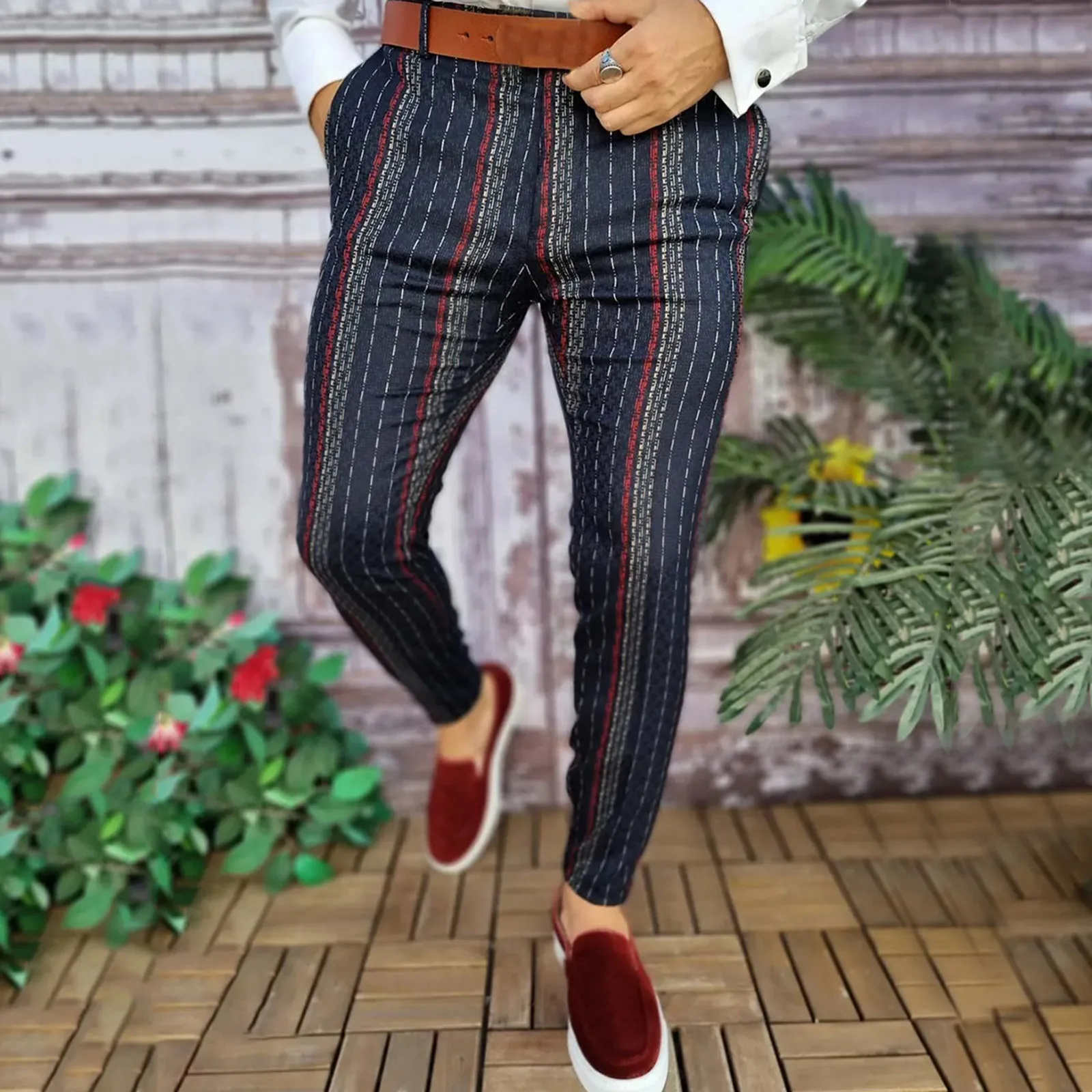 Men's Casual Business Striped Pants Print Skinny Pencil Pants Zipper Elastic Waist Pants Streetwear Social Trousers fishing pants