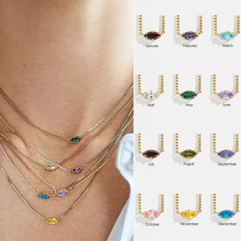 Geburtsstein-Anhänger-Halsketten für Damen, koreanische Mode, Augenform, Kristall, goldfarben, Damen-Halskette, Geburtstagsschmuck
