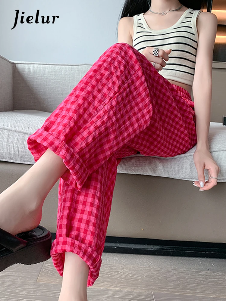 Jielur Wide Leg Red Black White Plaid Pants Women Korean Casual Street Hipster Trousers Summer Cotton Linen Loose Capri Female