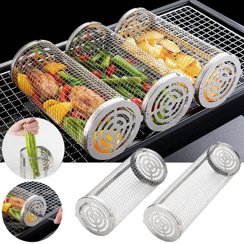 

Rolling Grilling Basket-Stainless Steel BBQ Grill Mesh For Vegetables,Fish And French Fries,Portable Round Grill Mesh