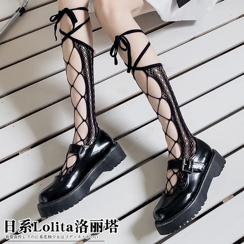 

Lolita Cross Tie Hollow Mid Length Socks Sexy Over Knee Mesh Socks JK Style Cute Japanese Summer Women's Silk Socks
