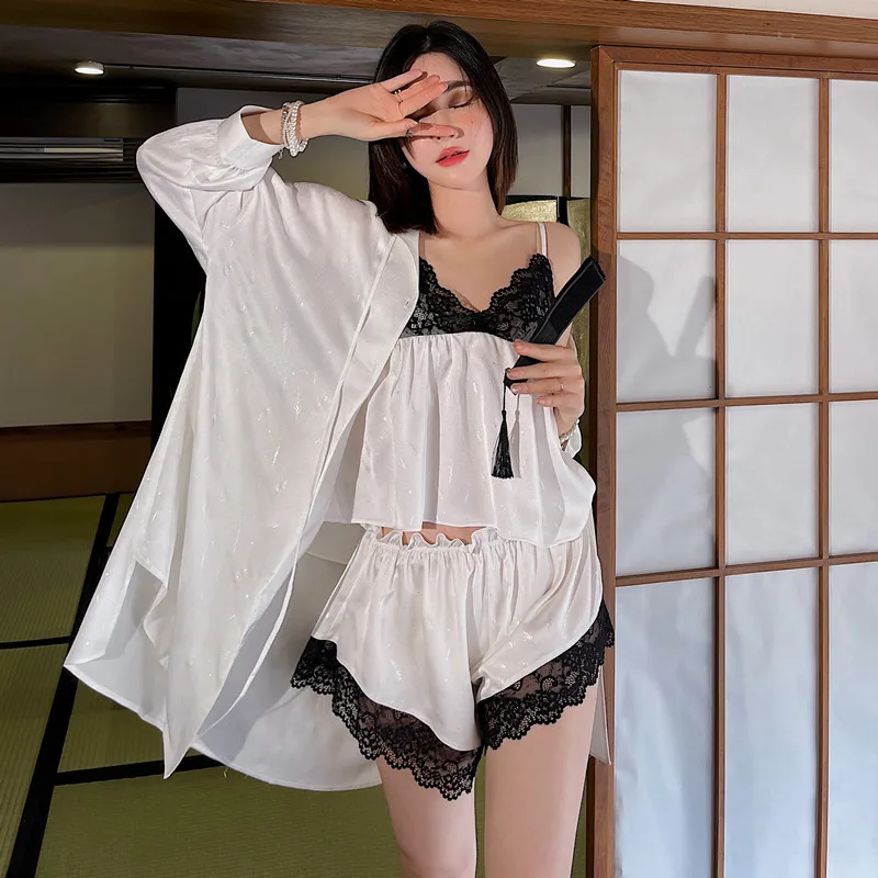 

White Women 3PCS Kimono Robe Gown Sets Sexy Black Lace Vest&Shorts Cardigan Bathrobe Sleepwear Summer Casual Nightdress Homewear