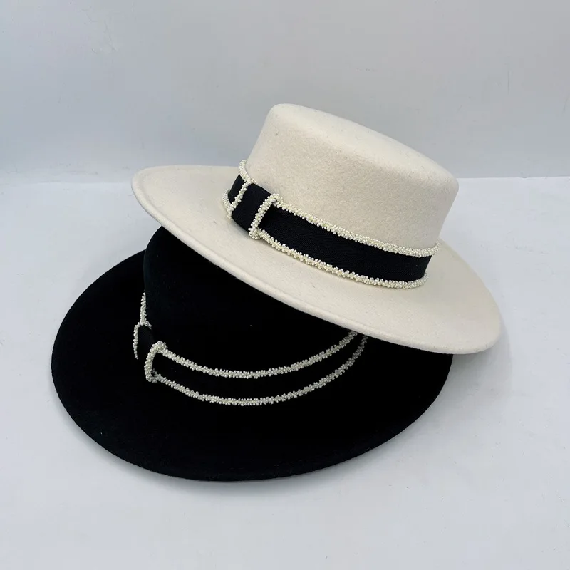 

202310-2509326 ins chic winter Elegant Classic tweed webbing lady fedoras cap women leisure panama jazz hat