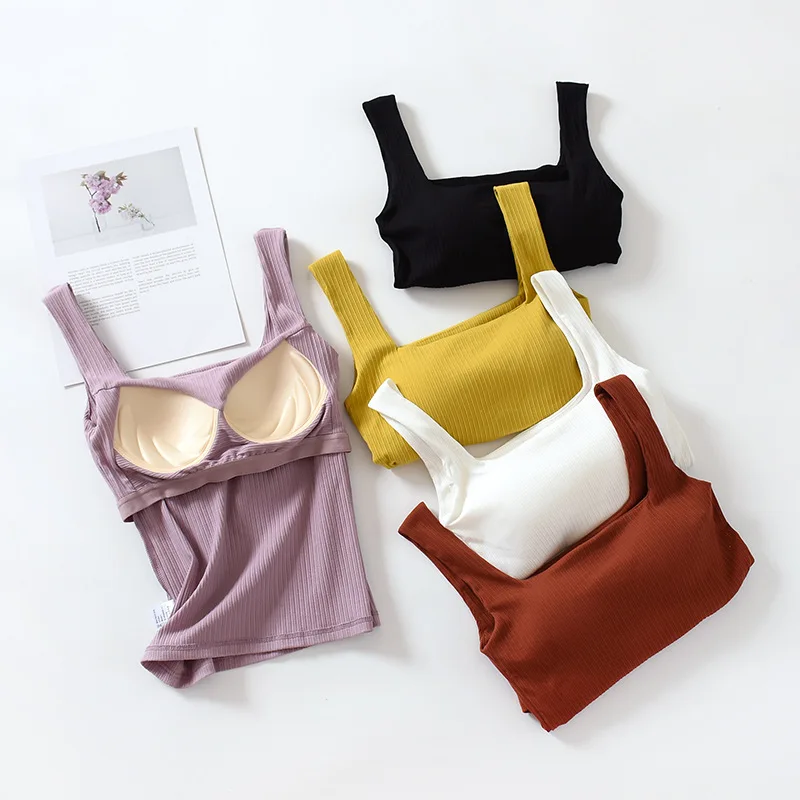

Women's Solid Cashmere Square Neck Tight Tanks Camis New Woman Casual Sleeveless Cut Vest with Breast Pad