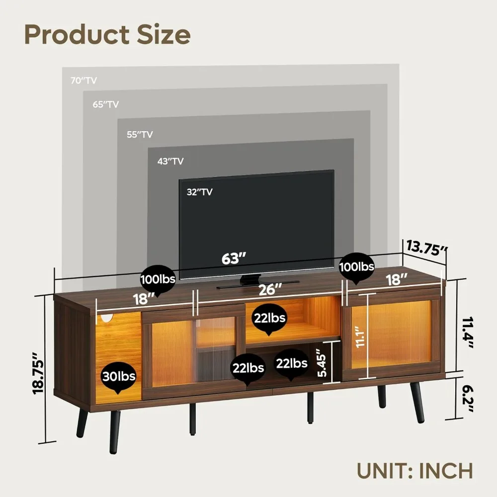 TV Stand for 75Inch TV,63” LED Entertainment Center with Sliding Acylic Doors,Mid Century Modern TV Console with Storage Shelves 6