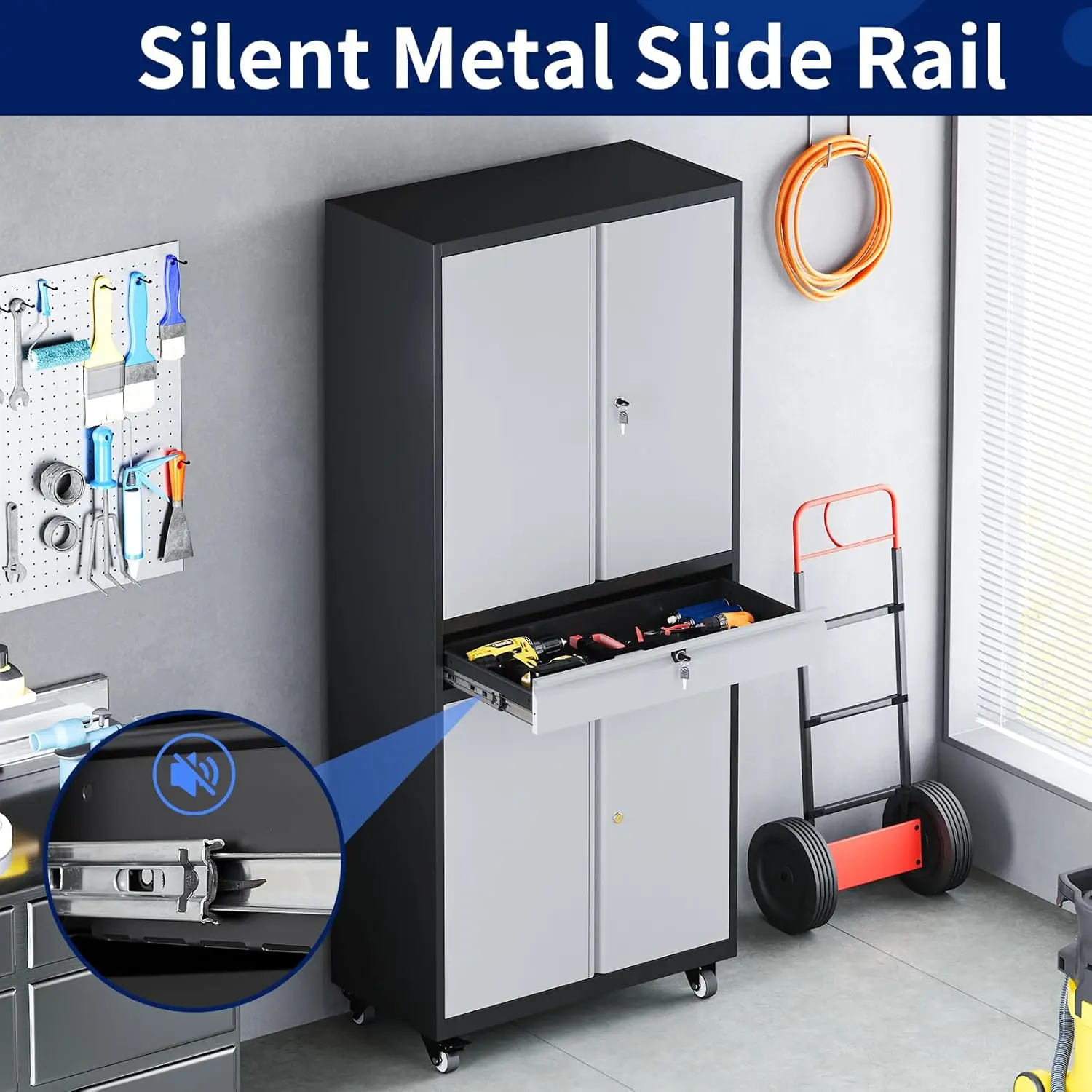 Metal Garage Storage Cabinet with Locking Doors and Adjustable Shelves Rolling Tool Storage Cabinet with 4 Wheels and 1 Drawer