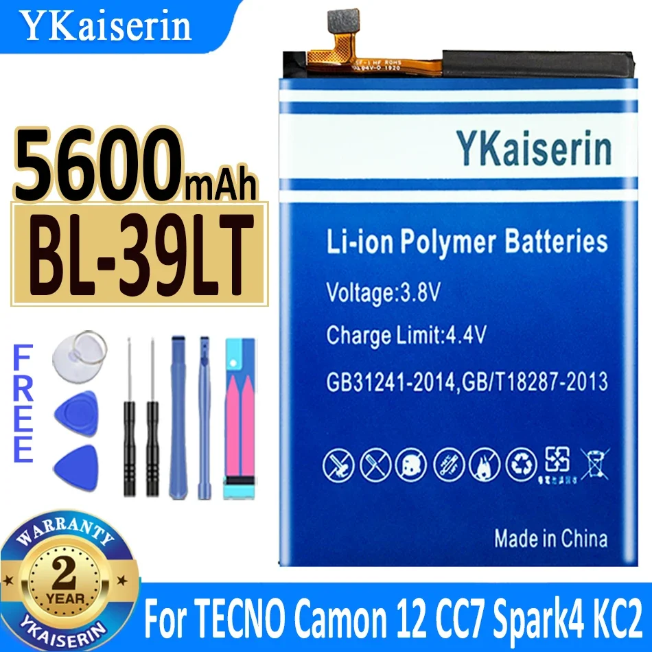 

YKaiserin BL-39LT 5600mAh Battery for Tecno Camon 12 Camon12 CC7 Spark 4 KC2 Spark4 KC2 Mobile Phone Batterie Warranty 2 Years