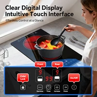 2-зонная керамическая варочная панель, 3000 Вт с замком от детей, 9 уровней нагрева, таймер на 1–99 минут, черный (сертификация CE) — изображение 5