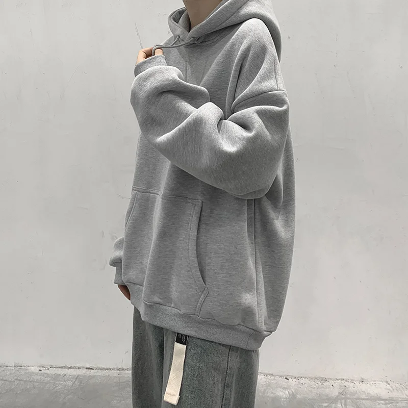 Loose Fit Men's Hoodie Pure Color Casual Streetwear Spring Autumn Winter Grey Heavyweight Hooded Jacket for Boys And Students - 4