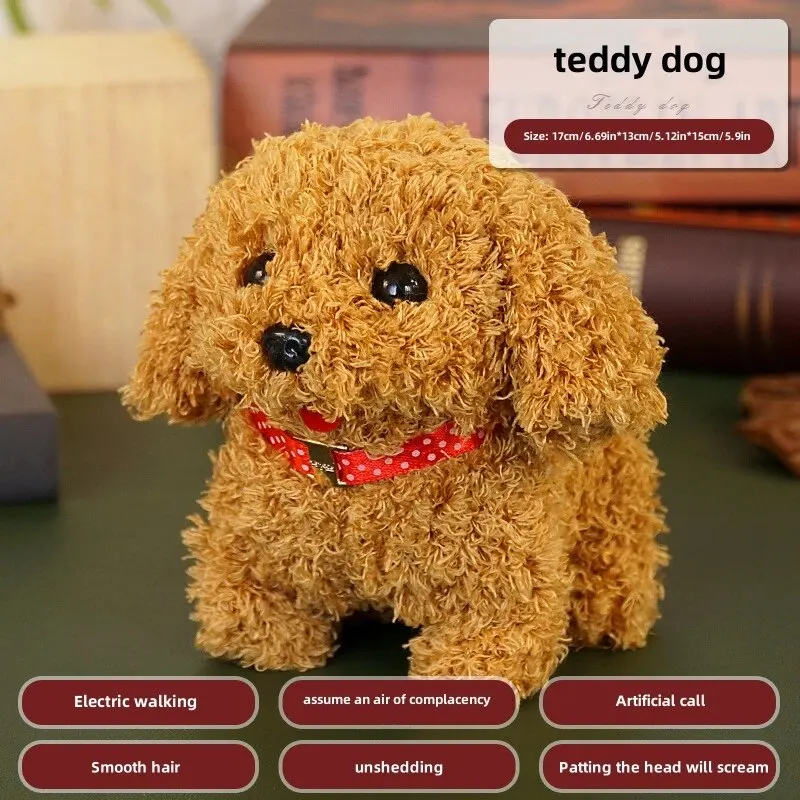 Walking Dog Toy 5.9 Inch Tall Cute Barking with Bell and Puppy Leash Interactive Tail Waking Realistic Plug
